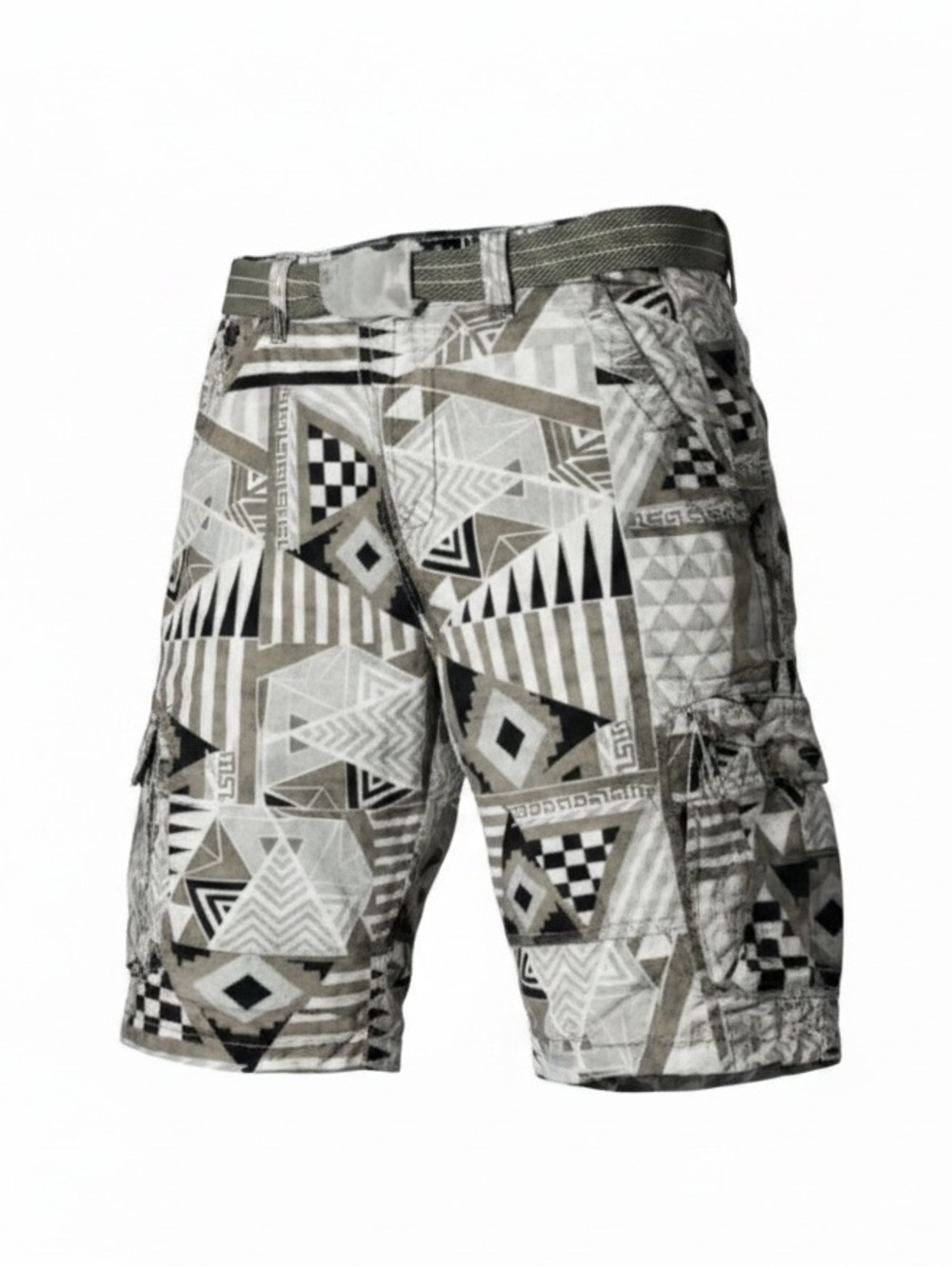 Focus NWT Men's Geometric Print Cargo Shorts - Black, White & Tan